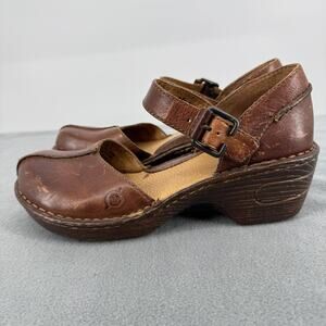 Born Leather Mary Jane Clogs Womens 6 Brown Buckle Comfort Heels W21761